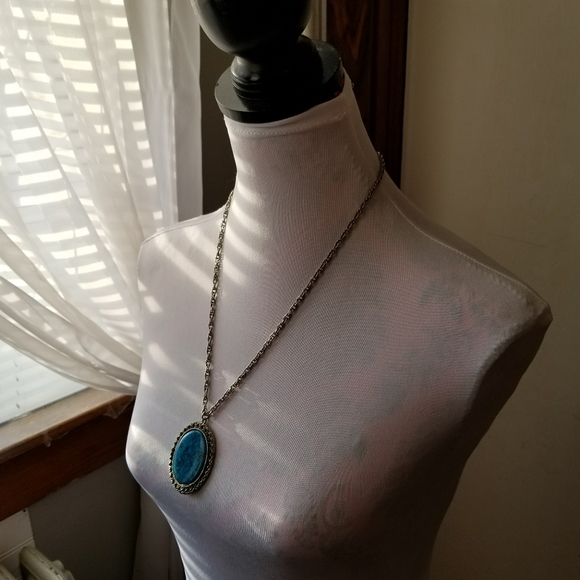 Relisted -vintage turquoise blue color necklace silver tone - Picture 6 of 7